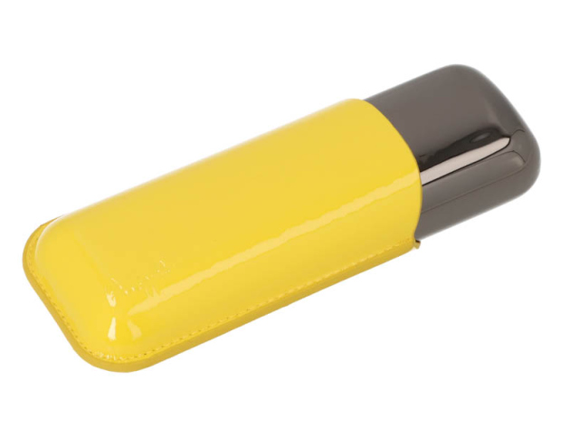 Zigarrenetui "Angelo"; für 2 Zig., Leder gelb, Metall anthrazit, Länge: 15cm, Ring 53