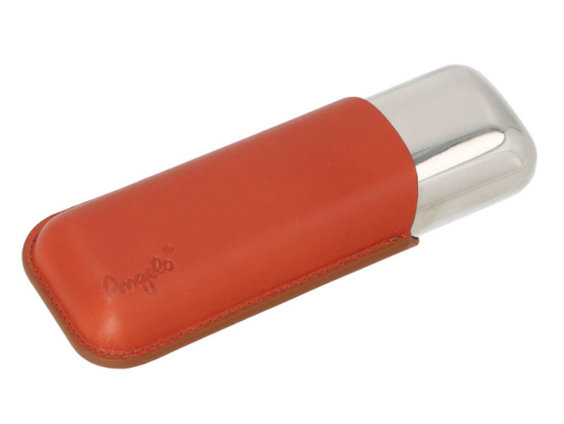 Zigarrenetui "Angelo"; für 2 Zig., Leder rotbraun, Metall chrom, Länge: 15cm, Ring 53