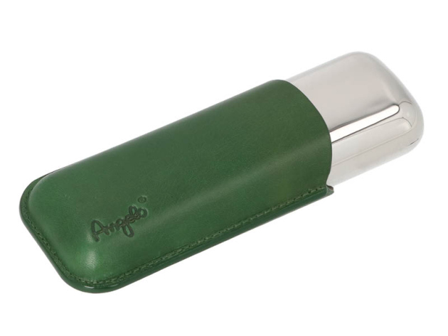 Zigarrenetui "Angelo"; für 2 Zig., Leder grün, Metall chrom, Länge: 15cm, Ring 53