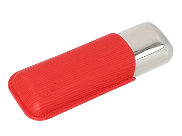 Zigarrenetui "Angelo"; für 2 Zig., Leder rot, Metall chrom, Länge: 15cm, Ring 53