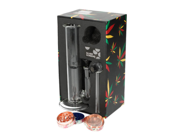 Glasbong Set - Mini Bong + Metallgrinder 4tlg. Ø4cm + Glaspfeife mit Siebe