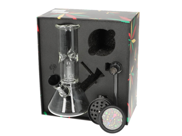 Glasbong Set - Mini Bong Ice + Plastikgrinder 3tlg. Ø5cm + Glaspfeife mit Siebe