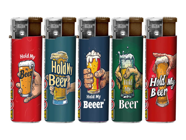 Elektrofeuerzeuge "Hold my Beer" 5-fach sortiert, 50er Display