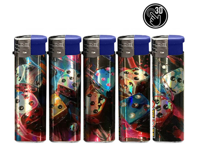 Elektrofeuerzeuge "Roll the Dice", 3D-Alu-Motiv, 5-fach sortiert, 50er Display