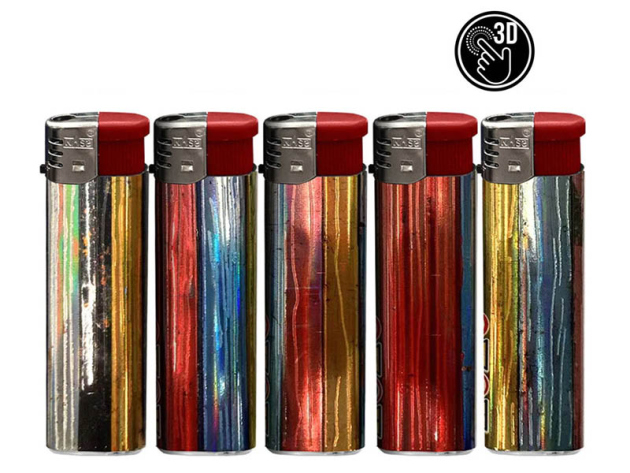 Elektrofeuerzeuge "Wooden Stripes", 3D-Alu-Motiv, 5-fach sortiert, 50er Display