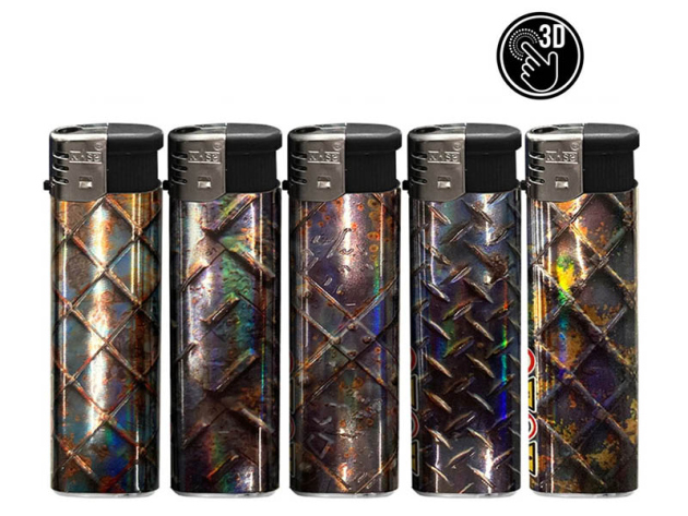 Elektrofeuerzeuge "Metalise", 3D-Alu-Motiv, 5-fach sortiert, 50er Display