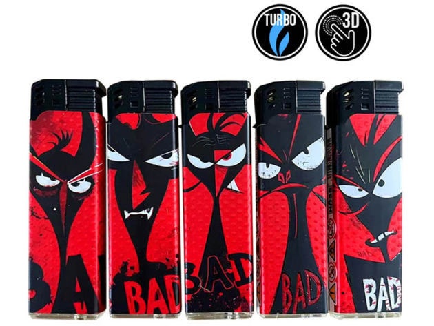 Sturmfeuerzeuge "Bad Devil", 3D-Alu-Motiv, Turbo-Flame, 5-fach sortiert, 50er Display