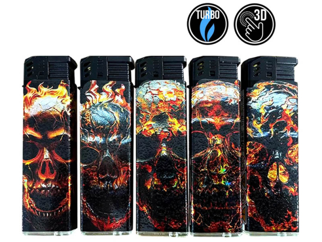 Sturmfeuerzeuge "Fired Skull", 3D-Alu-Motiv, Turbo-Flame, 5-fach sortiert, 50er Display