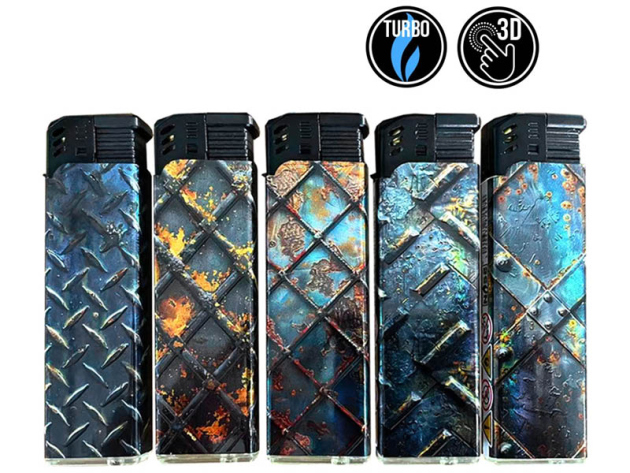 Sturmfeuerzeuge "Metalise", 3D-Alu-Motiv, Turbo-Flame, 5-fach sortiert, 50er Display