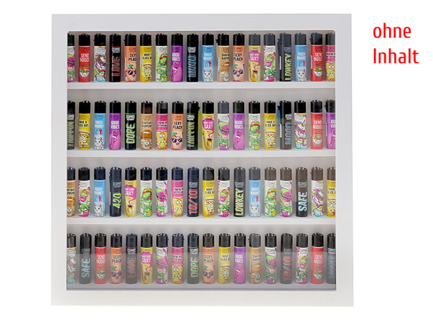 Vitrine für Clipper Feuerzeuge; weiss; Holz; leer für 72 Clipper