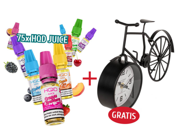Aktion - 75 x HQD JUICE - Liquid - 18 mg Nikotin - 10 ml + Uhr im Fahrrad-Design, Schwarz GRATIS