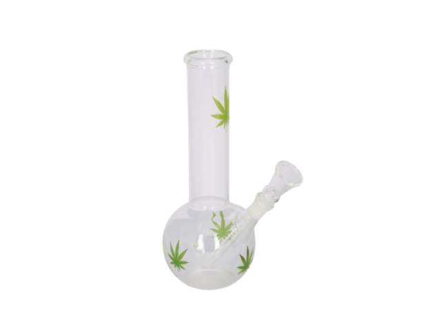 Glasbong Kugel "Hanfblatt grün" transp., Glaschill. Höhe 23cm, Schliff 14