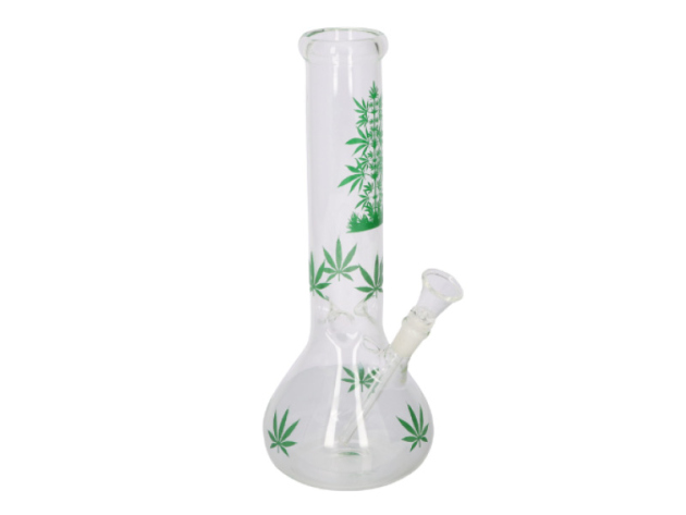 Glasbong Kugel "Hanfblatt grün" transp., Glaschill. Höhe 30cm, Schliff 14