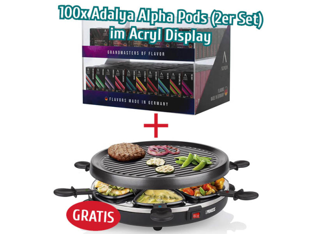 AKTION 100x Adalya Alpha  Pods (2er Set) - versch. Sorten im Acryl Display + Princess Raclette GRATIS