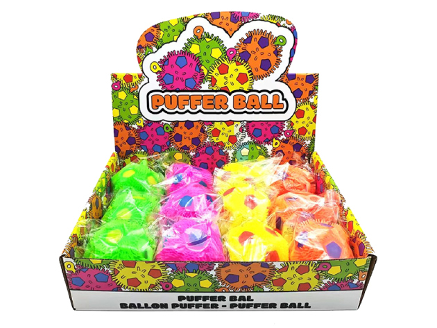 Quetschball "Fussball" Pufferball; 4-fach sortiert; 12er Display