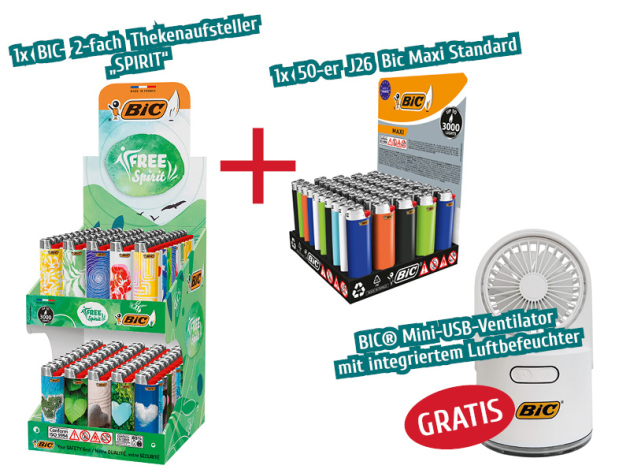BIC PAKET - Doppelthekendisplay "Spirit" + J26 Bic Maxi Standard (50 Stück) + BIC® Mini USB Ventilator mit Luftbefeuchter