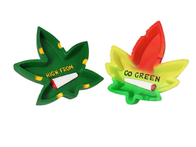 Aschenbecher "Polyresin Hanfblatt"; 2-fach sortiert; Höhe 2 cm; 12,5 x 12 cm; 4er Set