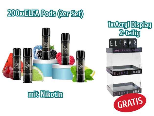 Aktion 200x ELFBAR ELFA Pods (2er Set) mit Nikotin + Acryl Display 2-tlg. - GRATIS