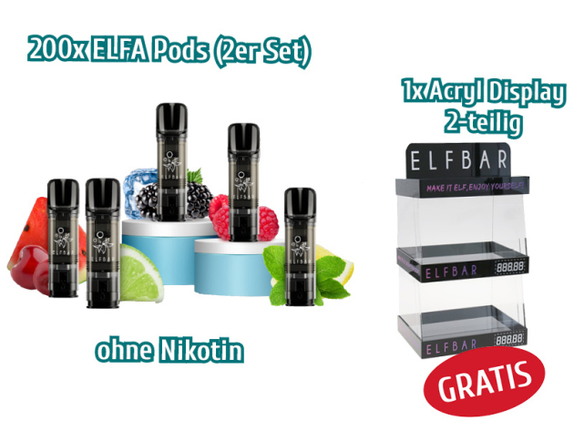 Aktion 200x ELFBAR ELFA Pods (2er Set) ohne Nikotin + Acryl Display 2-tlg. - GRATIS