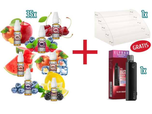 Aktion 35x ELFBAR Elfliq - Liquid - 20 mg/ml + ELFA Master Akku schwarz- Leerdisplay