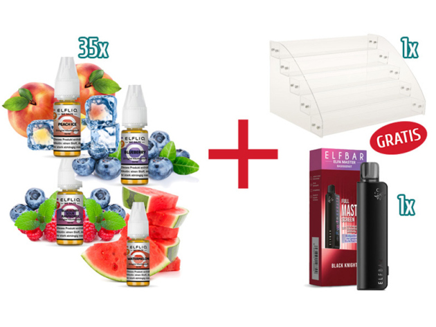 Aktion 35x ELFBAR Elfliq - Liquid - 10 mg + 20 mg/10 ml + ELFA Master Akku schwarz- Leerdisplay