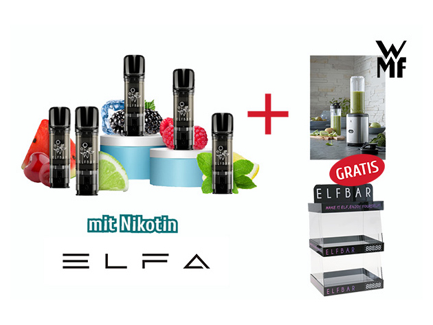 Aktion 200x ELFBAR ELFA Pods (2er Set) mit Nikotin + Acryl Display 2-tlg. - WMF Kult X Mix -  GRATIS