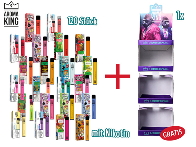 Aktion - 120 Aroma King E-Shishas 20 mg/ml - 700 Züge + Aufsteller GRATIS