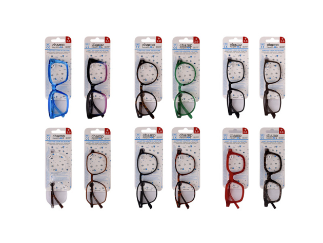 Lesebrillen, +2,0, versch. Farben und Modelle, 12er Display