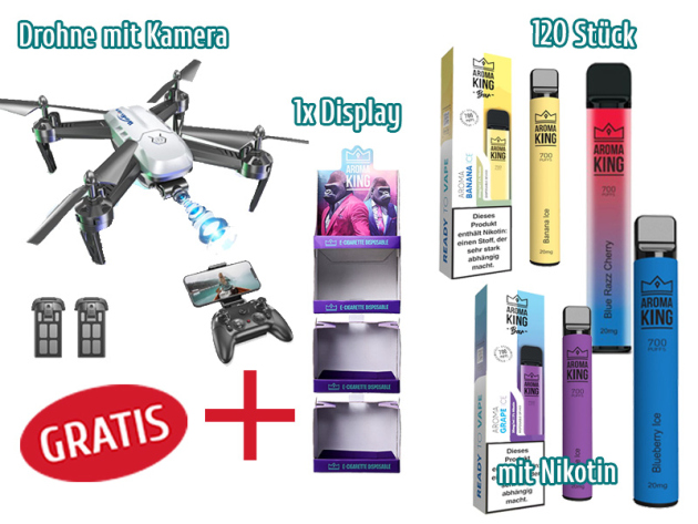 Aktion - 120 Aroma King E-Shishas 20 mg/ml - 700 Züge + Aufsteller & Drohne
