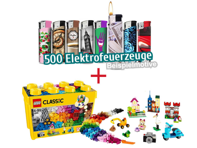 500 Elektrofeuerzeuge + LEGO Classic Große Bausteine-Box