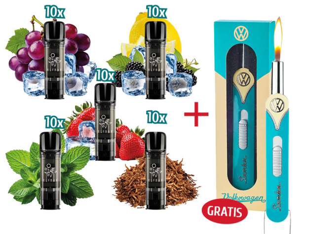 Aktion 50x Neue Sorten - 50 x ELFA Pods (2er Set) mit Nikotin + Stabfeuerzeug "VW Blau" GRATIS