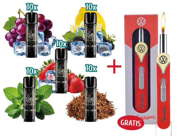 Aktion 50x Neue Sorten - 50 x ELFA Pods (2er Set) mit Nikotin + Stabfeuerzeug "VW Rot" GRATIS