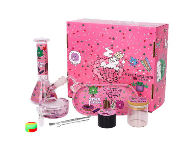 Bong-Grinder-Aschenbecher-Set "Baked Bunny" Bong + Rolltablett + Grinder + Glasgefäß + Aschenbecher aus Glas + Bürste + Löffel