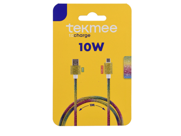 Tekmee Ladekabel, 1m; USB auf Type-C, 10W, mit Strasssteinen Regenbogen