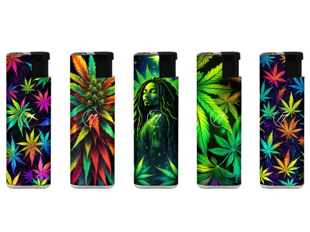Sturmfeuerzeuge "Neon Rasta Cannabis" Metallhülle und Logo, 25er Display