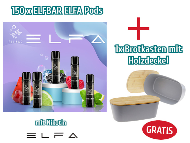 Aktion 150x ELFBAR ELFA Pods (2er Set) mit Nikotin + Brotkasten mit Holzdeckel GRATIS