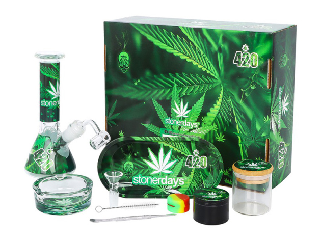 Bong-Set "Hanfblatt 420" mit Bong, Grinder, Glasgefäß, Aschenbecher + Bürste + Löffel