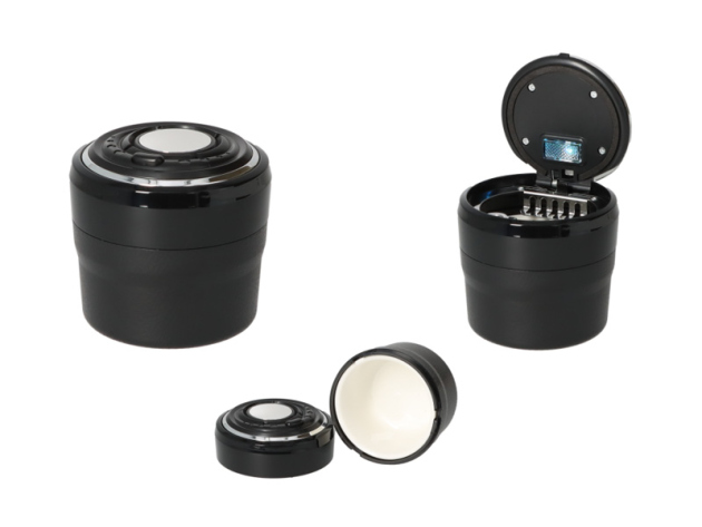 Autoaschenbecher "Schwarz/Silber" mit LED innen+Gluttöter, Ø 5,5 / 6,2 cm H.7,5cm