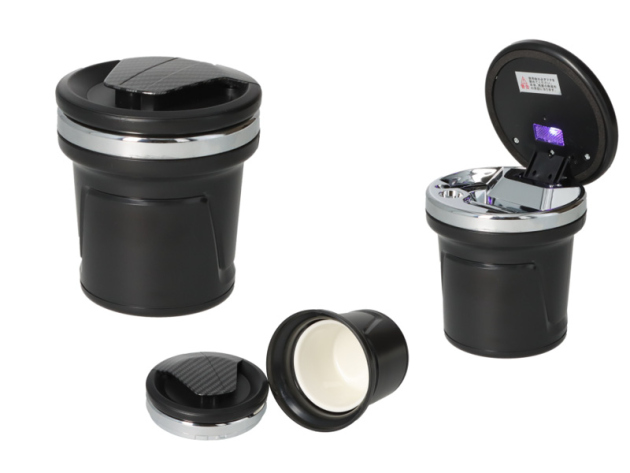 Autoaschenbecher "Schwarz/Silber" Carbonoptik mit LED + Gluttöter, Ø 7,5 / 8 cm H.10cm