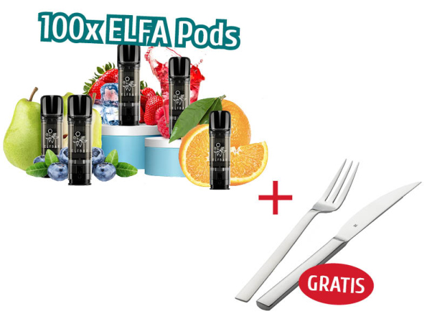 1# Aktion 100x ELFBAR ELFA Pods (2er Set) mit Nikotin + WMF Nuova Steakbesteck-Set, 2-teilig GRATIS