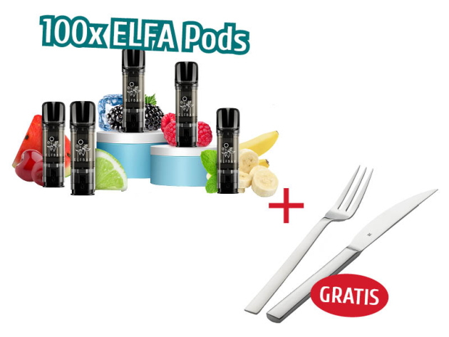 3# Aktion 100x ELFBAR ELFA Pods (2er Set) mit Nikotin + WMF Nuova Steakbesteck-Set, 2-teilig GRATIS