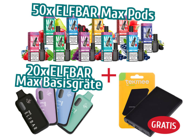 Aktion ELFBAR Max - 20 x Basisgeräte & 50 x Pod mit Nikotin + Powerbank Slim 5000 mAh GRATIS