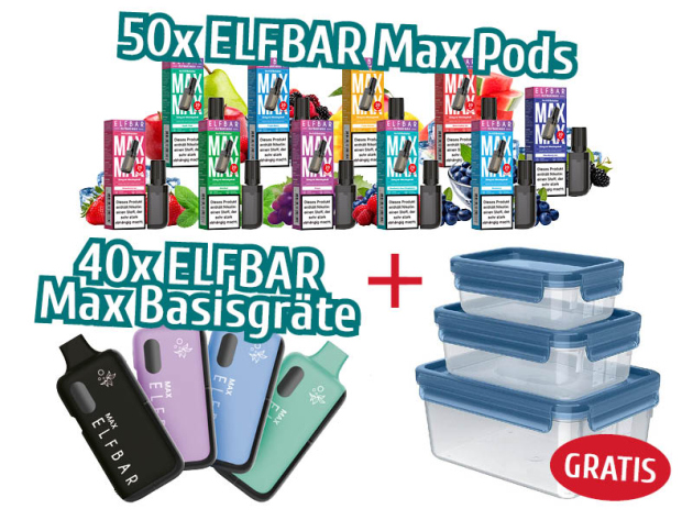 Aktion ELFBAR Max - 40 x Basisgeräte & 50 x Pod mit Nikotin + EMSA Clip and Close Eco Set 3-teilig GRATIS