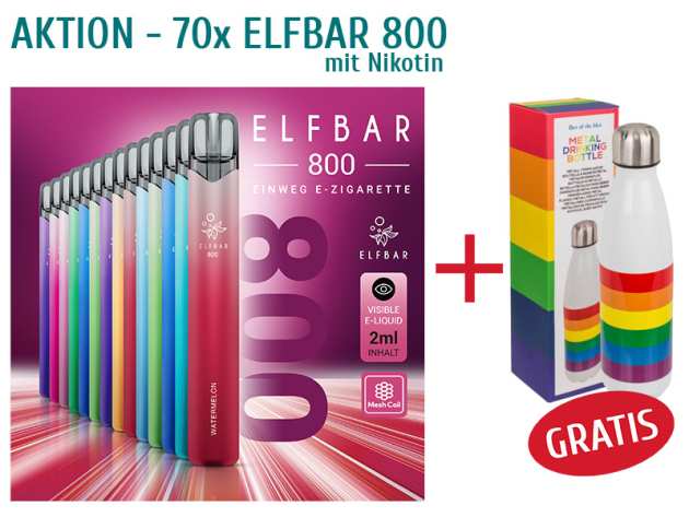 3# Aktion 70x ELFBAR 800 mit Nikotin + Metall-Trinkflasche "Pride"; GRATIS