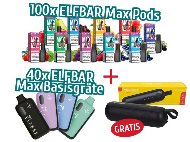 Aktion ELFBAR Max- 40 Basisgeräte & 100 Pods mit Nikotin + Tekmee Stereo-Lautsprecher GRATIS