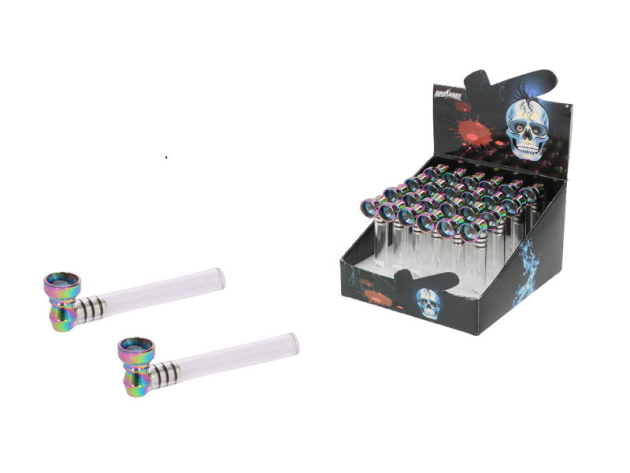 Glaspfeife "Super Heroes" transp., Metallkopf Rainbow, 9,5cm, 24er Display