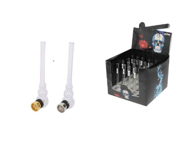 Glaspfeife "Super Heroes" transp., Metallkopf silber- u. goldfarben, 12cm, 24er Display