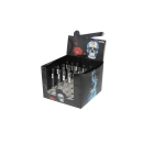 Glaspfeife "Super Heroes" transp., Metallkopf silber- u. goldfarben, 12cm, 24er Display