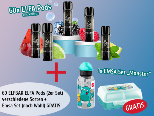 Aktion 60x ELFBAR ELFA Pods (versch. Sorten) + 1x Emsa Set "Monster" GRATIS