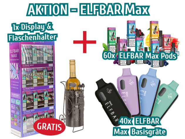 Aktion ELFBAR Max - 60x Pods & 40x Basisgeräte + Gratis Display & Flaschenhalter "Golftasche"